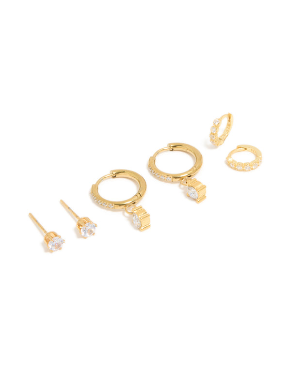Waterproof Gold Plated Stainless Steel Cubic Zirconia Stud & Huggie Earrings 3-Pack