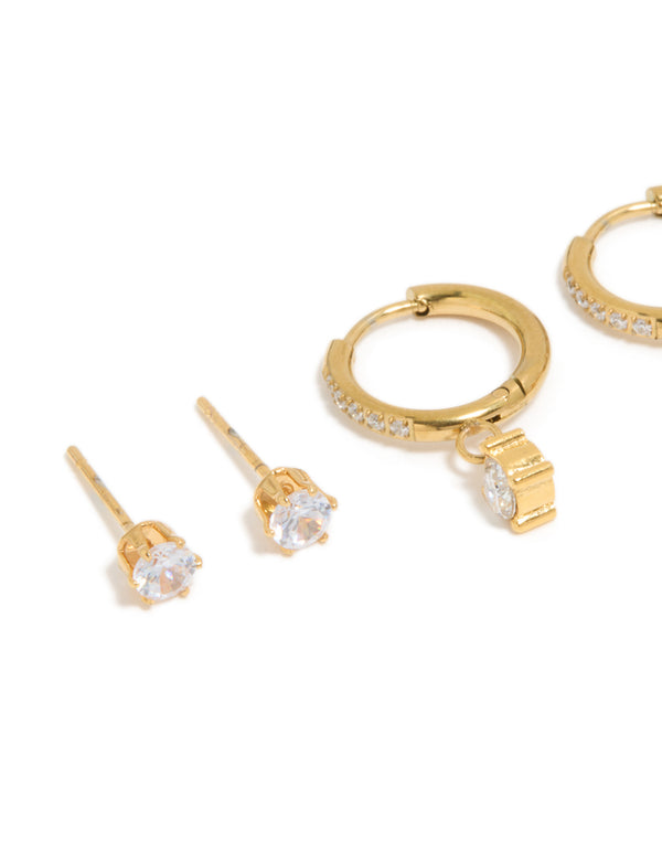 Waterproof Gold Plated Stainless Steel Cubic Zirconia Stud & Huggie Earrings 3-Pack