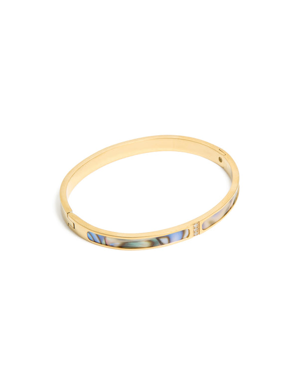 Elegant waterproof gold plated stainless steel hinged bangle featuring blue and green pearlised inlay in front view