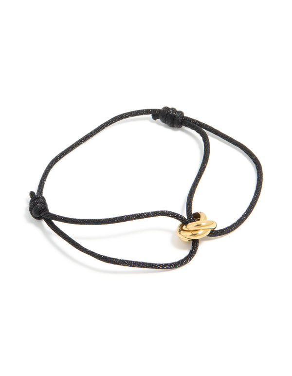 Beautifully crafted waterproof gold plated stainless steel and black cord adjustable bracelet front view