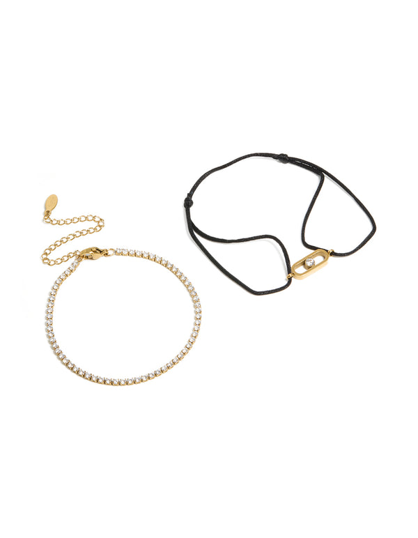 Stunning waterproof tennis bracelet set crafted from gold plated stainless steel with cubic zirconia and black cord in a statement style in front view