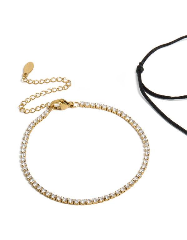 Beautiful waterproof tennis bracelet set with gold plated stainless steel featuring cubic zirconia and black cord in a statement style in closure detail view