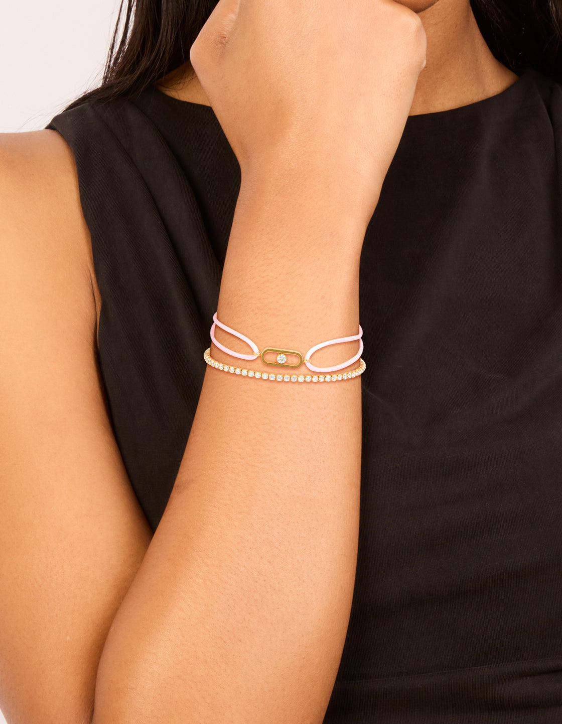 Waterproof Gold Plated Stainless Steel Cubic Zirconia & Pink Cord Tennis Bracelet Set