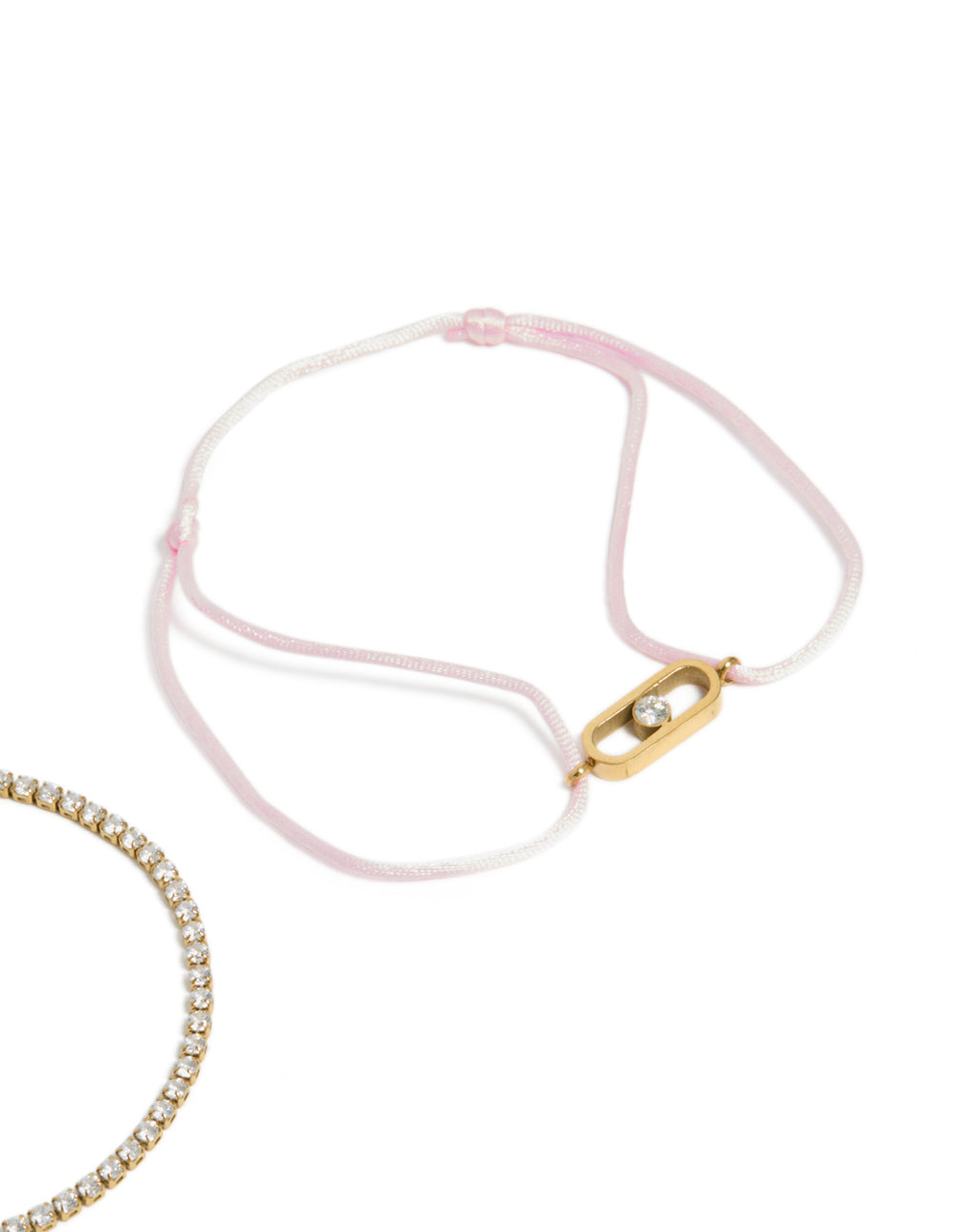 Waterproof Gold Plated Stainless Steel Cubic Zirconia & Pink Cord Tennis Bracelet Set
