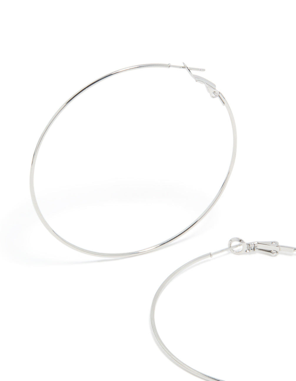 Designed with surgical steel fine hoop earrings in 60 MM featuring silver finish close up view