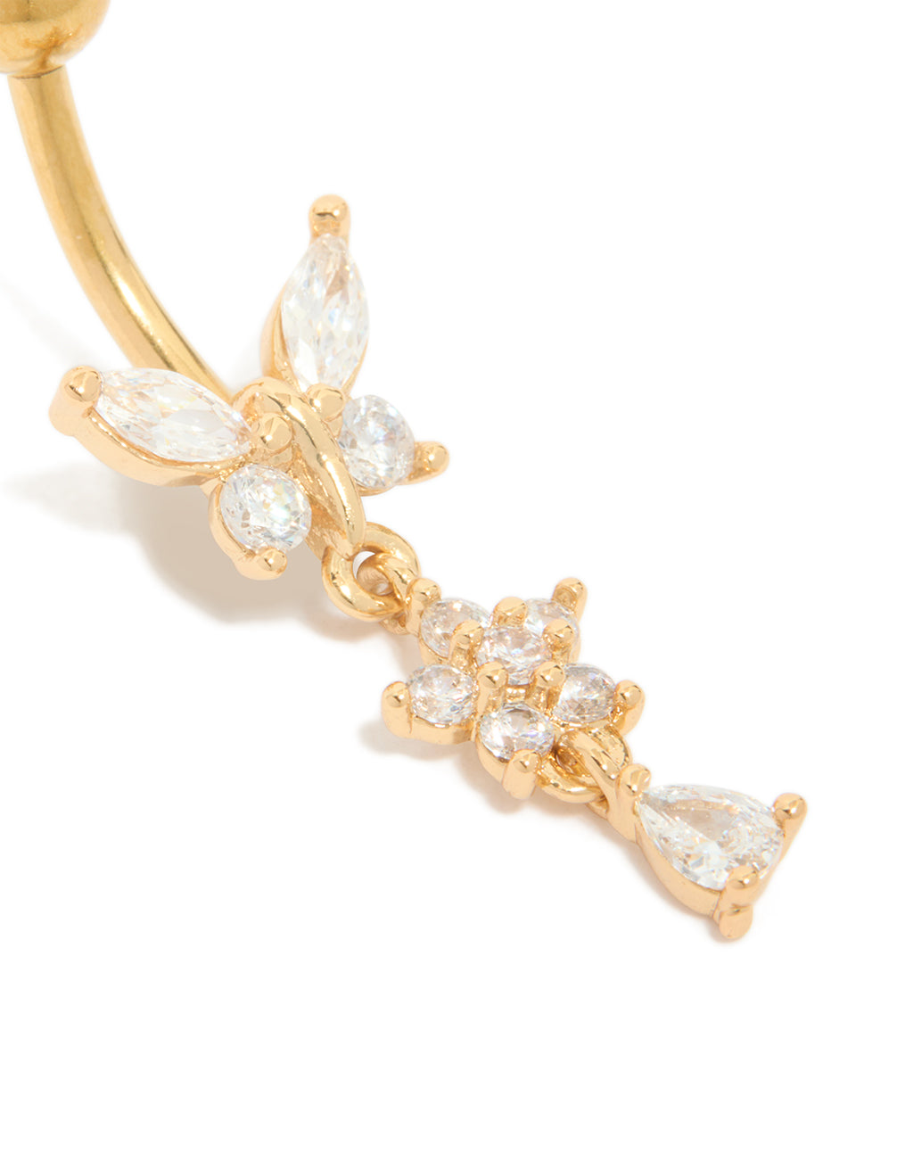 Showcasing the intricate butterfly and flower design with cubic zirconia stones on a gold plated titanium belly bar close up view