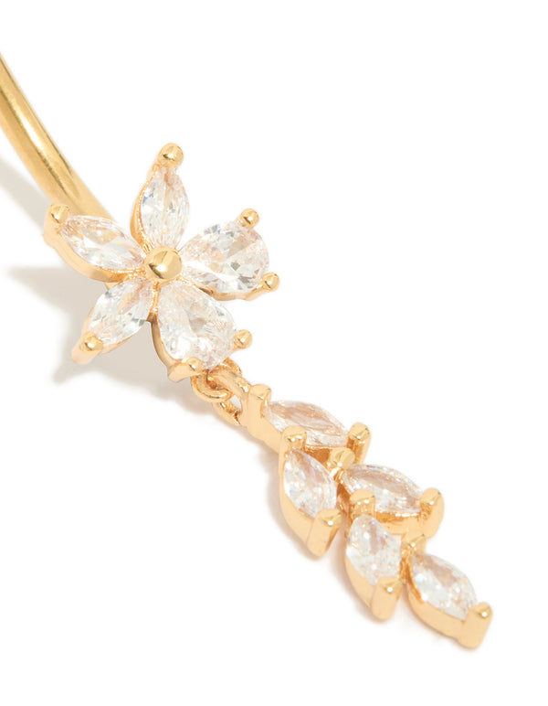 Gold Plated Titanium Cubic Zirconia Flower Vine Belly Bar
