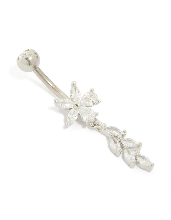 Elegant titanium cubic zirconia flower vine belly bar with a floral charm design in silver front view