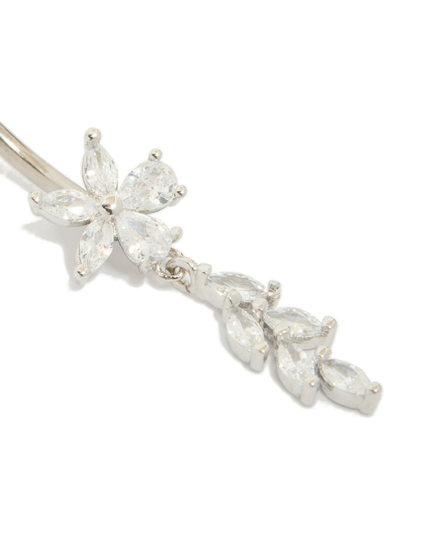Beautiful titanium cubic zirconia flower vine belly bar featuring floral charm in silver close up view