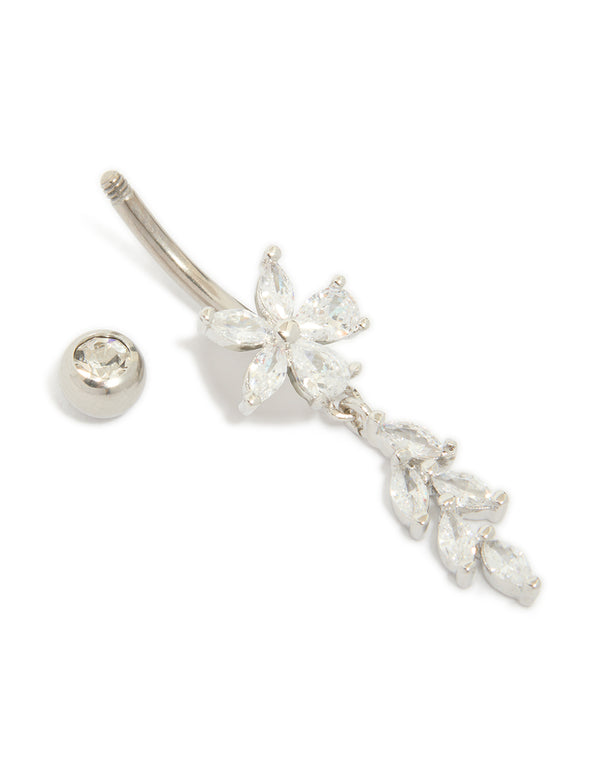 Sophisticated titanium cubic zirconia flower vine belly bar with floral charm in silver detail view