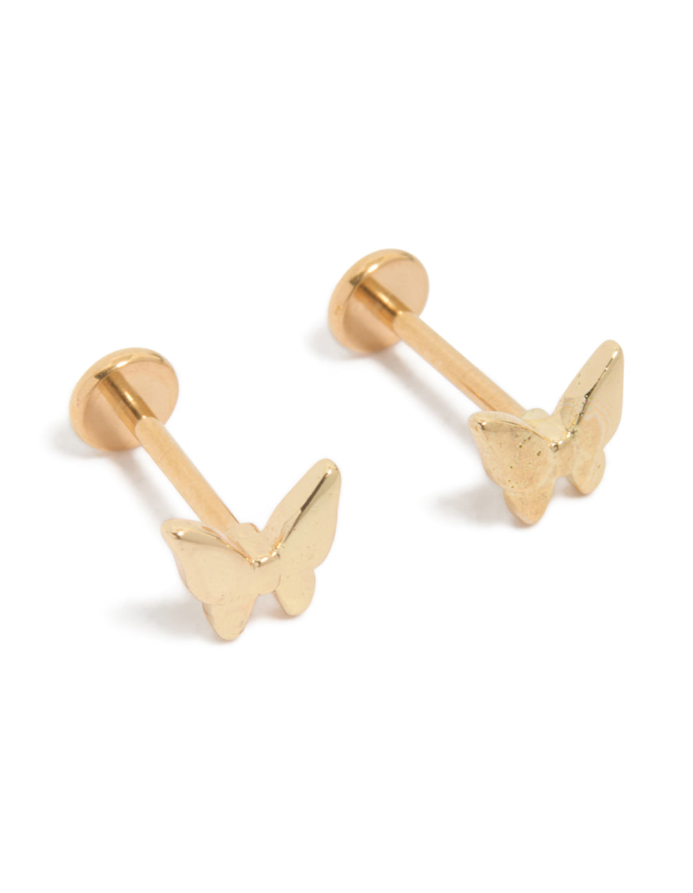 Beautifully crafted gold plated titanium butterfly studs with flat back in a front view