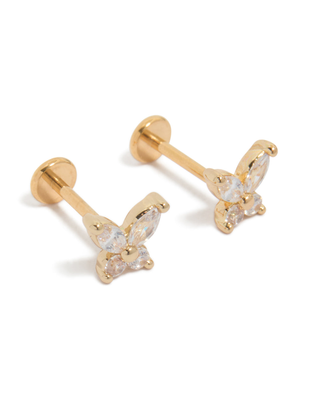 Beautifully crafted butterfly stud earrings featuring cubic zirconia stones, gold plated titanium construction, and flat back closure in a front view