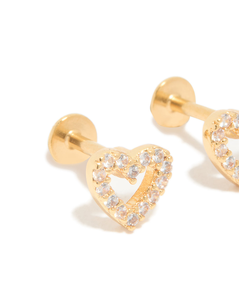 Gold Plated Titanium Cubic Zirconia Open Heart Flat Back Studs