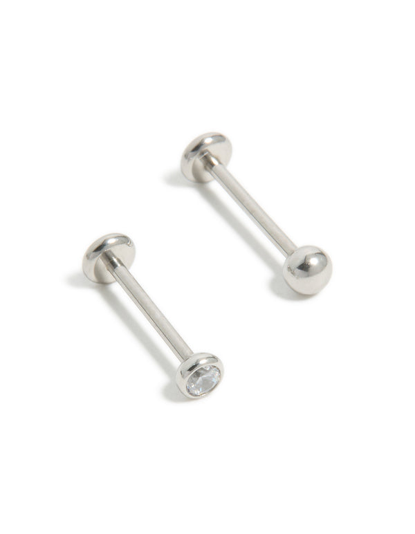 Featuring titanium bezel cubic zirconia threadless flat back nose studs with ball accents in silver side view