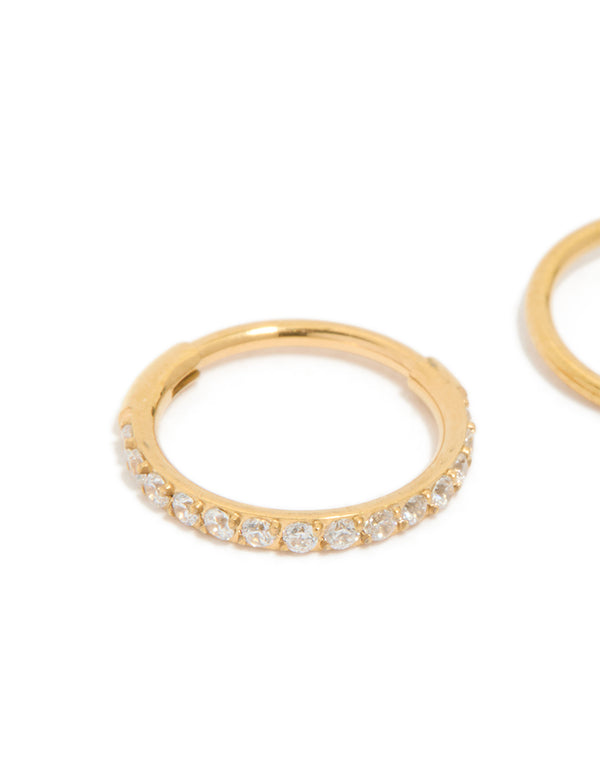 Gold Plated Surgical Steel Cubic Zirconia Hinged & Plain Nose Rings 2-Pack