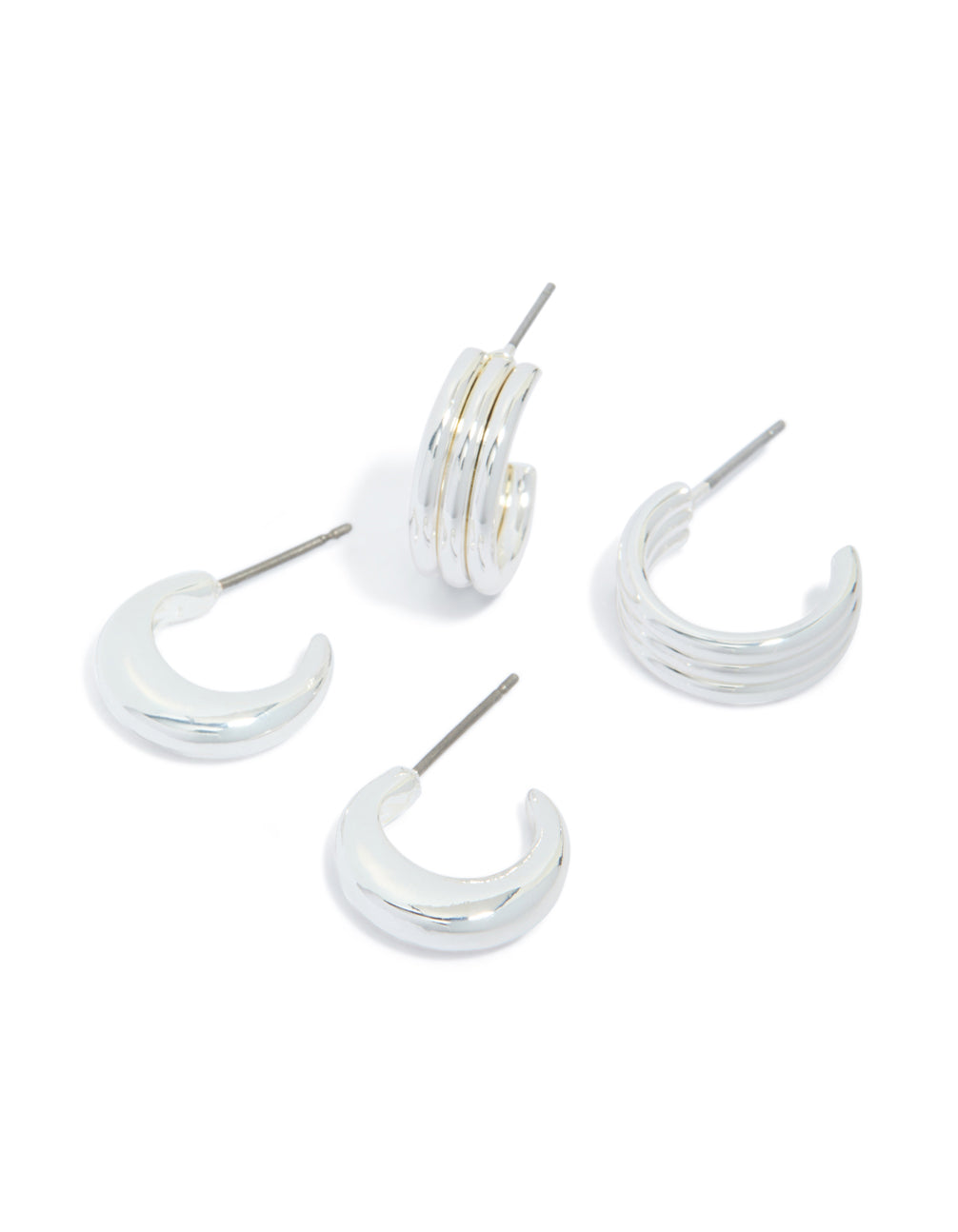 Silver Ribbed & Plain Open Hoop Earrings 2-Pack