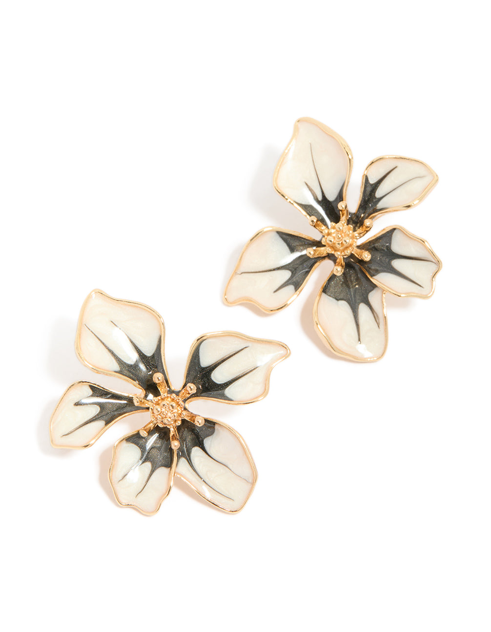 Gold White Yellow & Black Painted Flower Stud Earrings