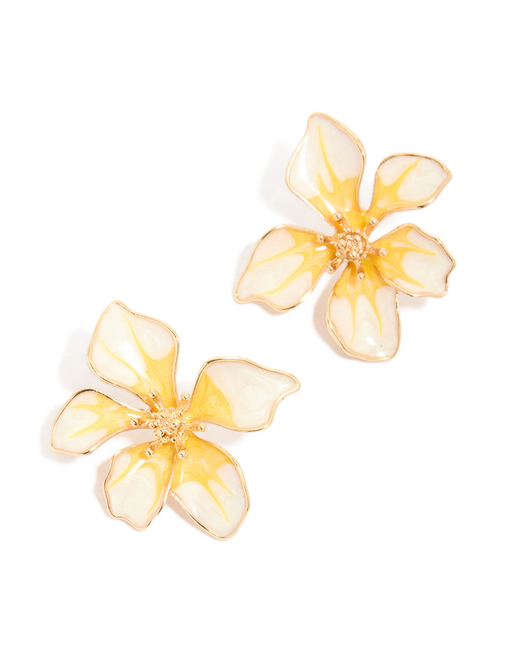 Gold White & Yellow Painted Flower Stud Earrings