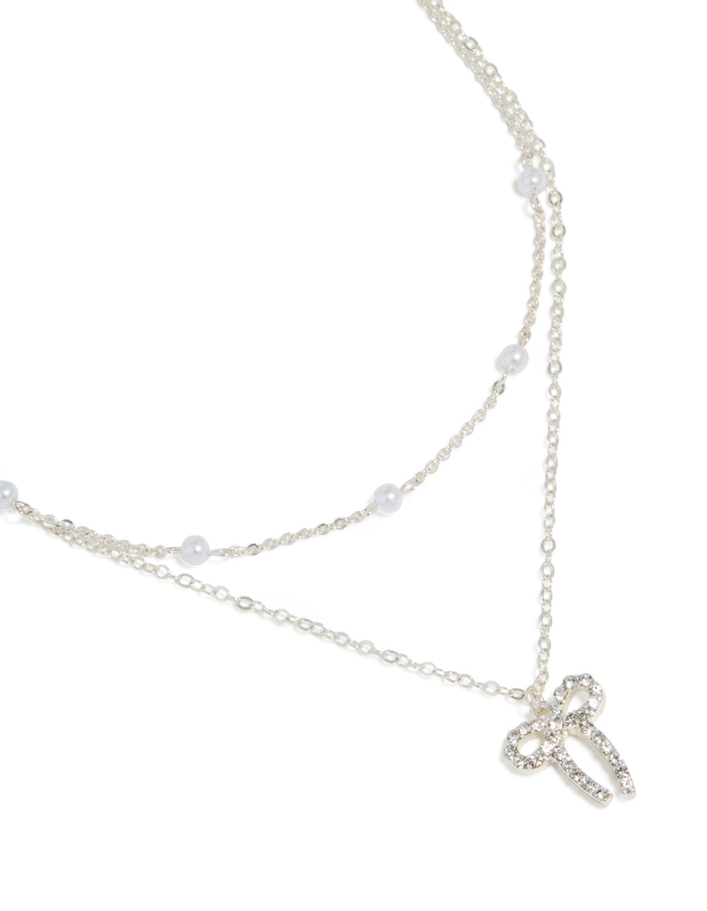 Silver Pearl & Diamante Bow Layered Necklace