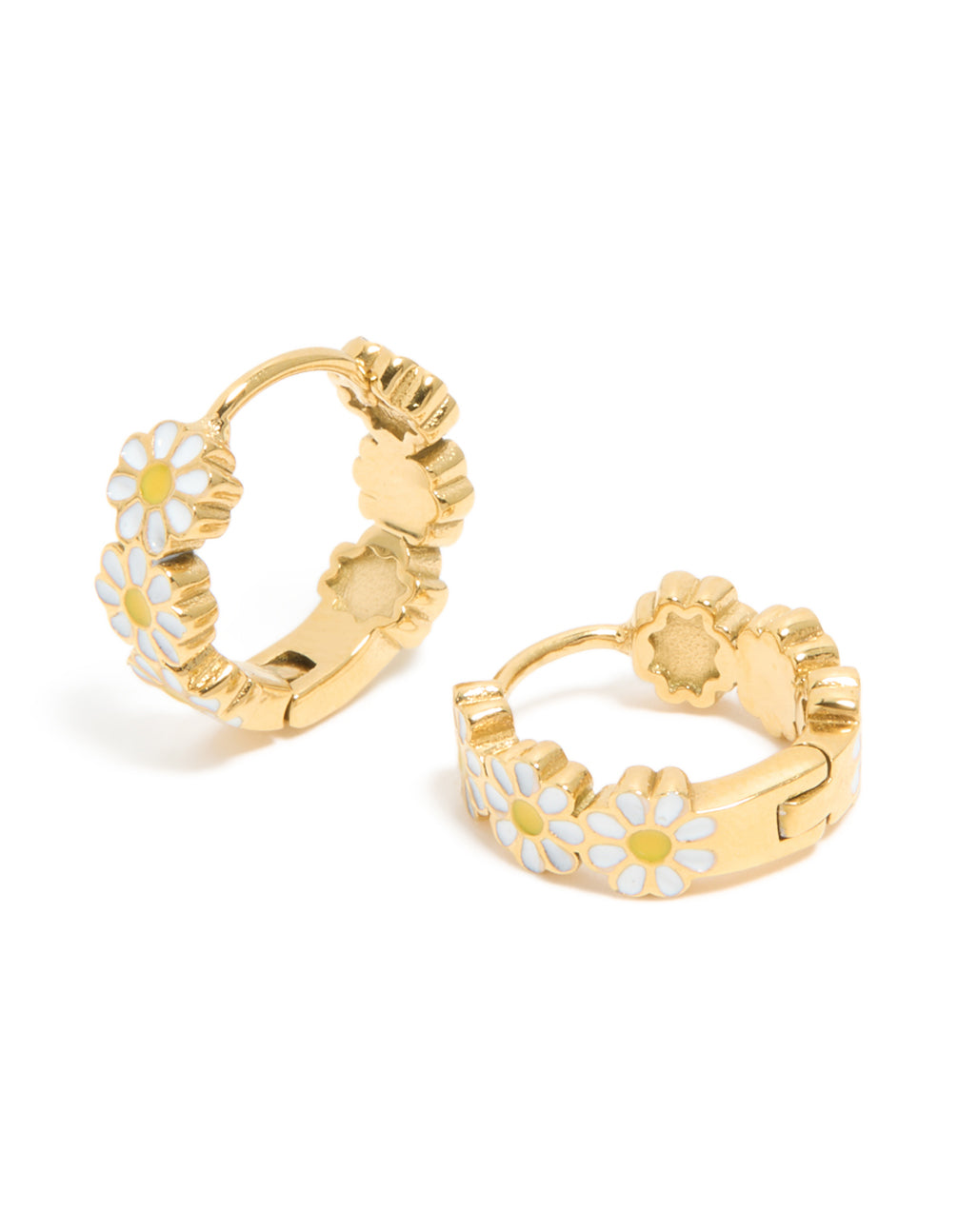 Designed for kids, these huggie earrings having waterproof gold plated stainless steel and floral design in a front view