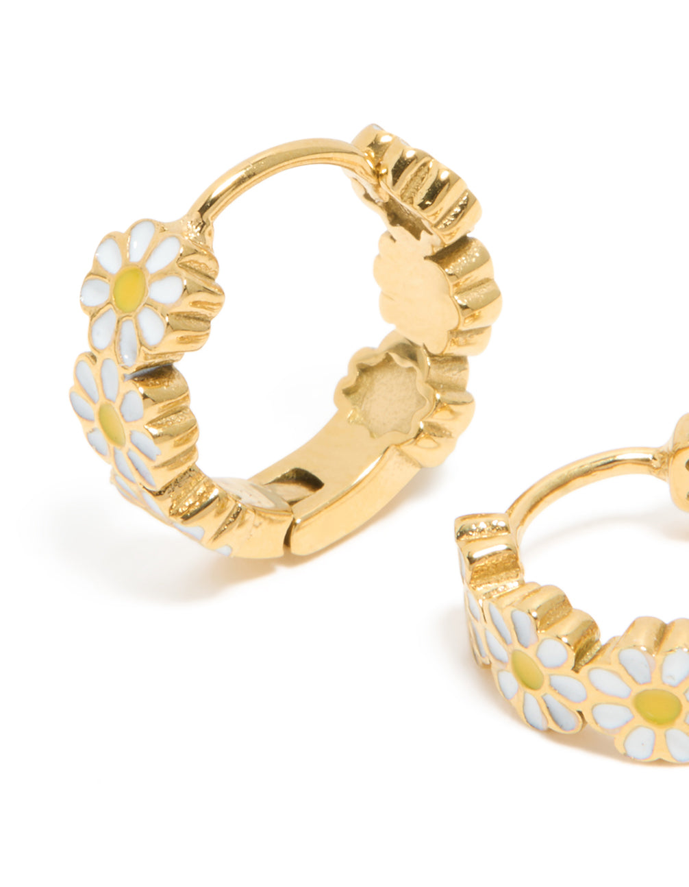 Beautifully crafted , these huggie earrings for kids contains waterproof gold plated stainless steel and floral design in a close up view