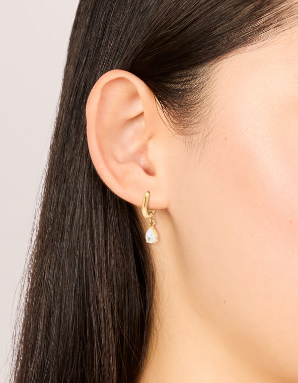 Waterproof Gold Plated Stainless Steel Cubic Zirconia Pear Charm Huggie Earrings