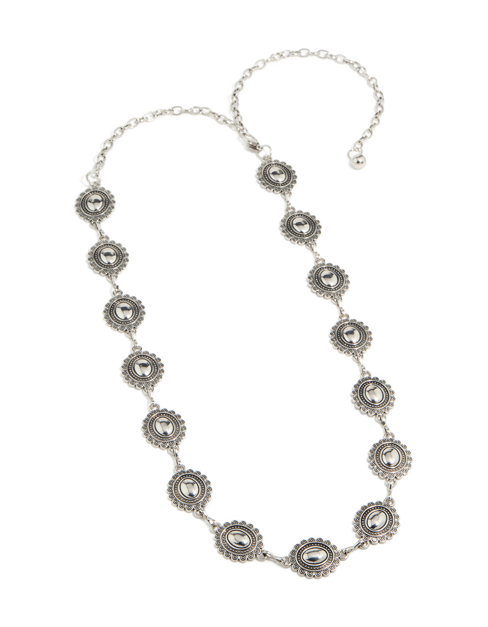 Featuring an antique silver western scalloped oval belt with embellished waisted design and statement style front view