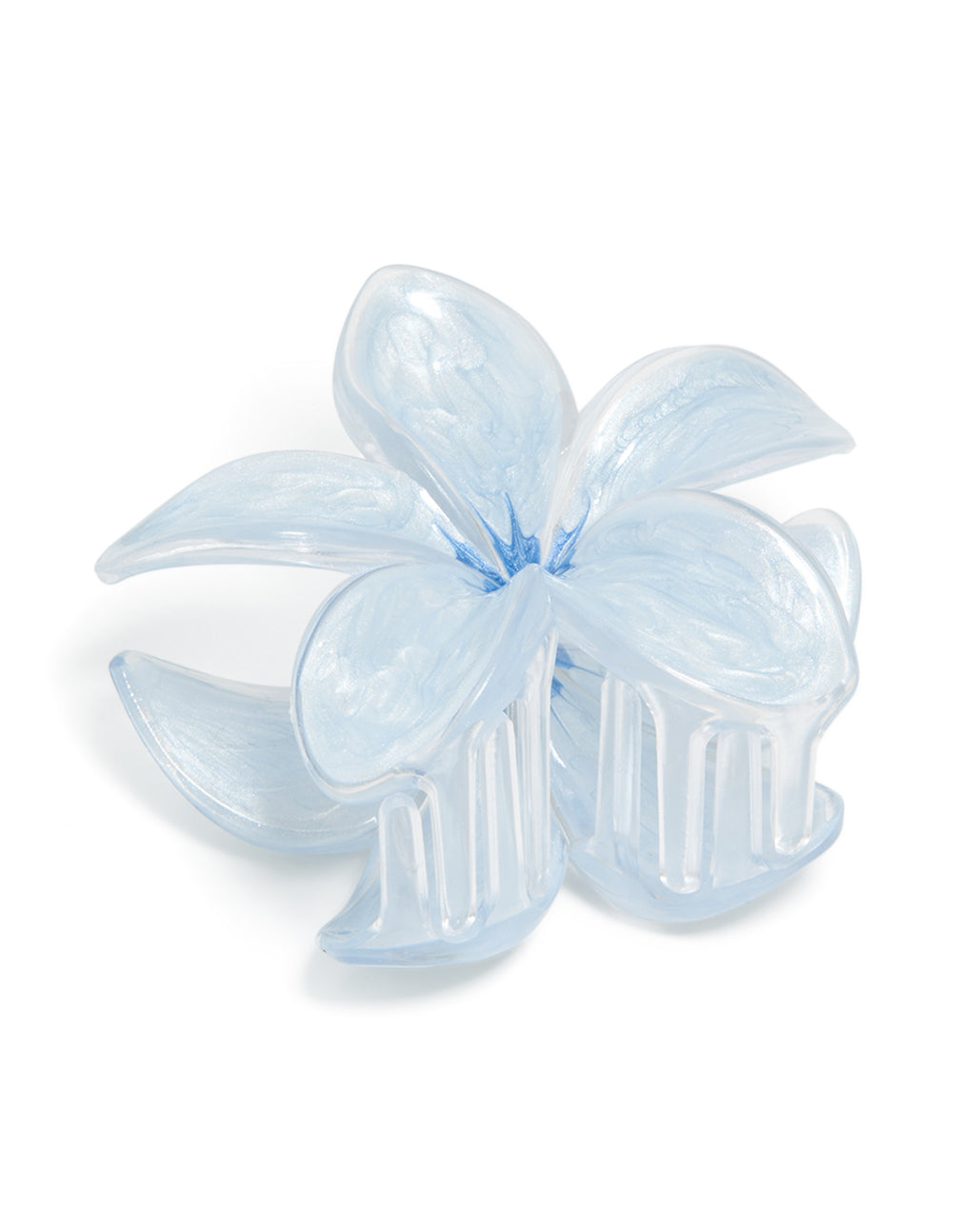 Discover this light blue clear edge frangipani flower claw clip featuring floral design front view