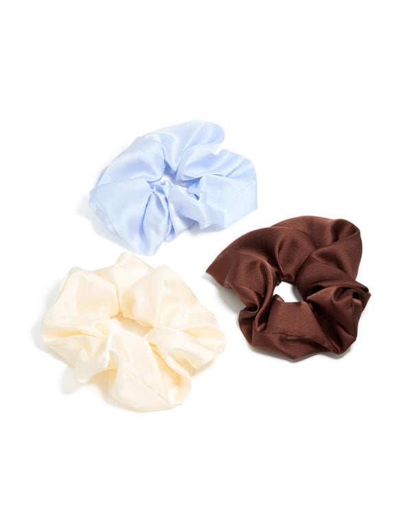 White, Blue & Brown Satin Fabric Scrunchie 3-Pack