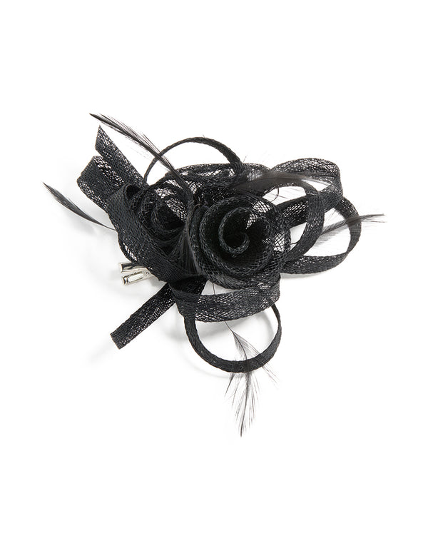 Black Sinamay Fabric Swirl & Feather Hair Clip