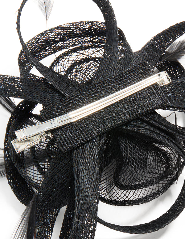 Black Sinamay Fabric Swirl & Feather Hair Clip