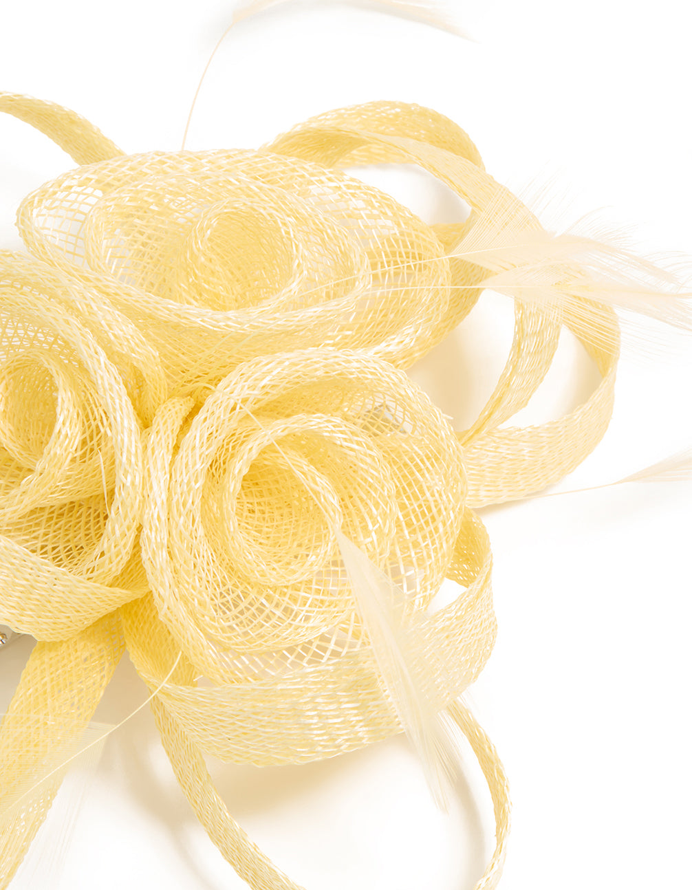 Yellow Sinamay Fabric Swirl & Feather Hair Clip