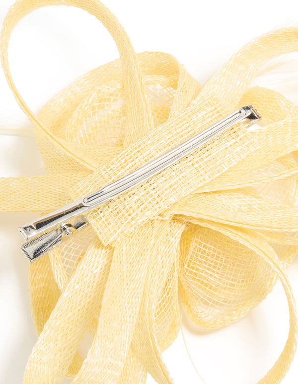Yellow Sinamay Fabric Swirl & Feather Hair Clip