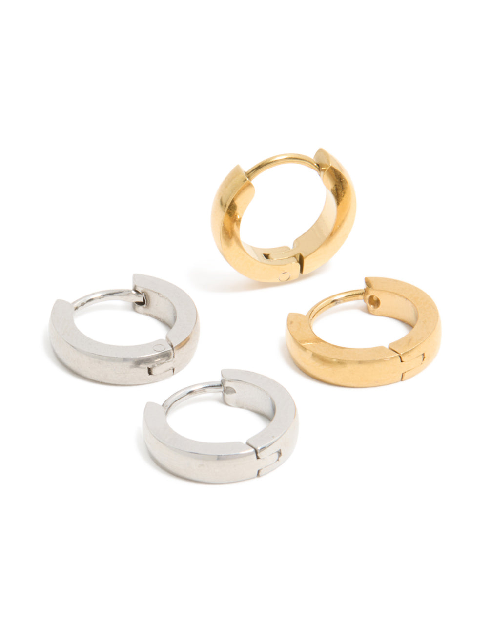 Mens waterproof mixed plated stainless steel huggie earrings 2-pack in gold and silver front view