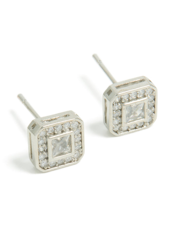 Mens Waterproof Stainless Steel Square Cubic Zirconia Stud Earrings