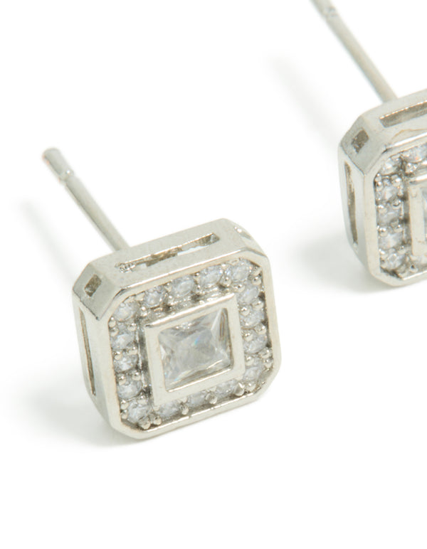 Mens Waterproof Stainless Steel Square Cubic Zirconia Stud Earrings
