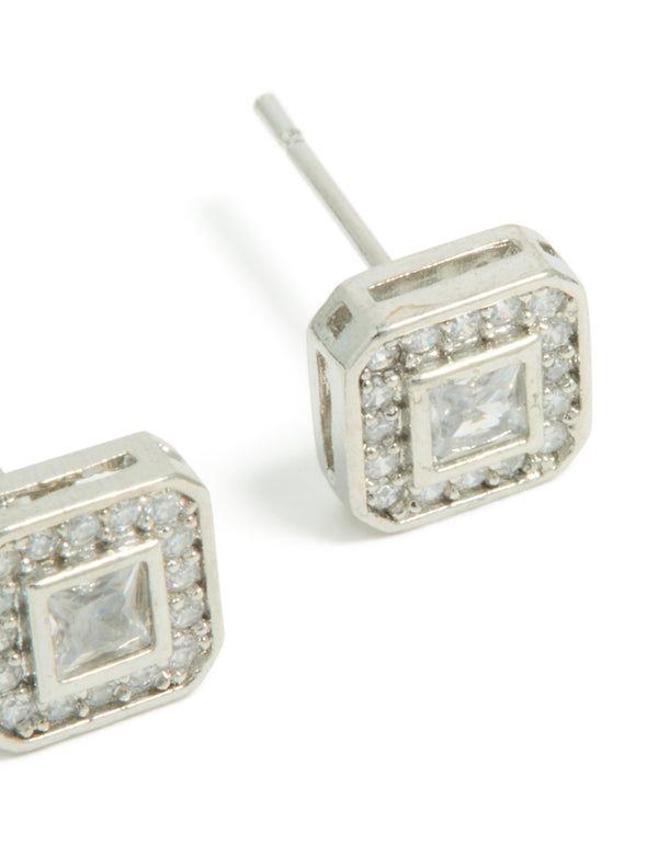 Mens Waterproof Stainless Steel Square Cubic Zirconia Stud Earrings