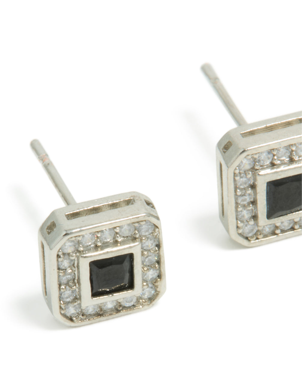 Featuring mens waterproof pave square stud earrings designed with stainless steel and black cubic zirconia close up view