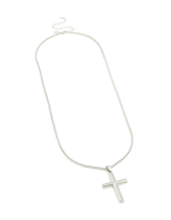 Featuring a mens waterproof detailed cross pendant necklace with stainless steel and silver front view