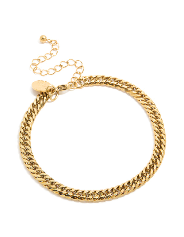 A waterproof gold plated stainless steel smooth Cuban link bracelet in front view
