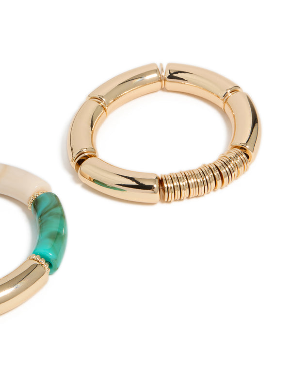 Gold With Rings & Acrylic Stretch Bracelets 2-Pack