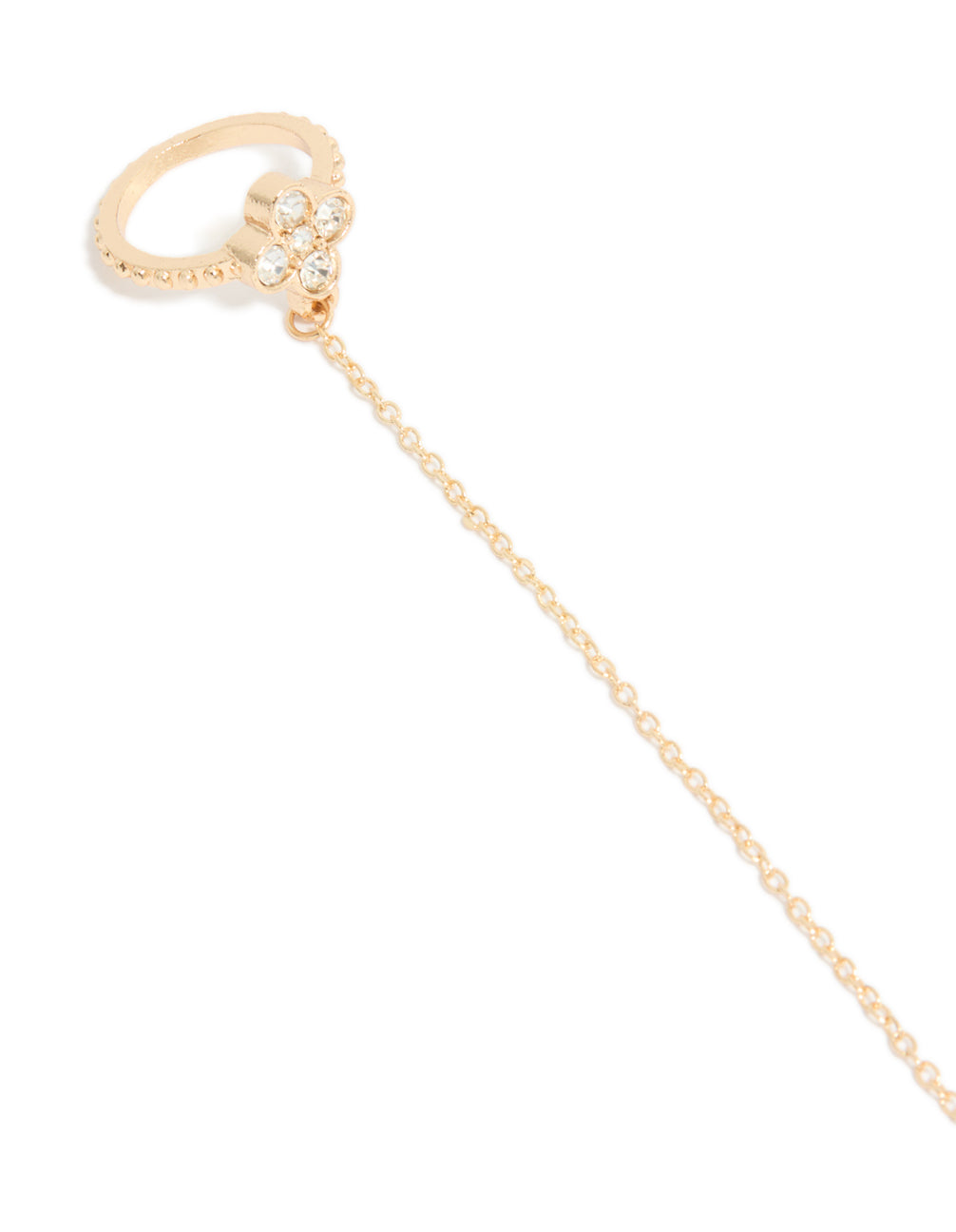 Featuring a gold diamante flower and fixed ring hand chain in dainty statement style close up view