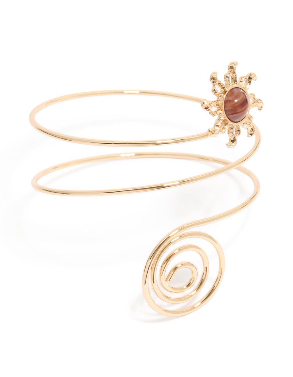 Showcasing a gold sun and swirl arm cuff featuring celestial design front view