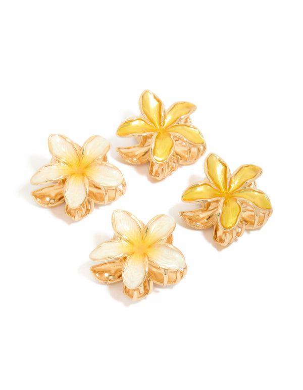 Showcasing small yellow enamel frangipani flower claw clips in a 4-pack in gold detailing front view