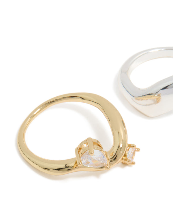 Mixed Metal Plated Cubic Zirconia Chunky Wave Rings 2-Pack