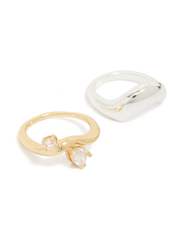 Crafted from gold plated and silver plated metal, this mixed metal chunky wave ring 2-pack featuring cubic zirconia front view