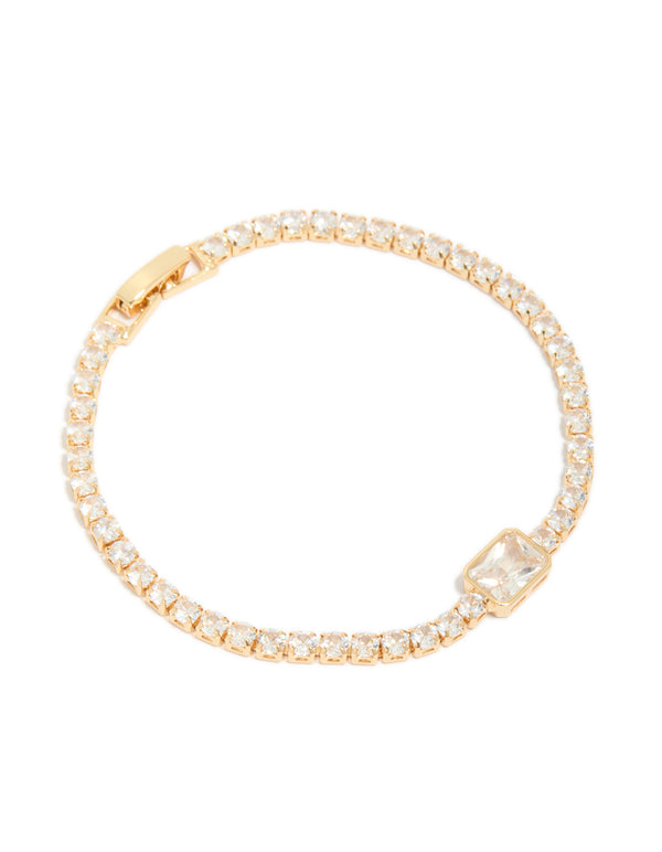 Elegant gold plated cubic zirconia rectangle tennis bracelet displayed in front view