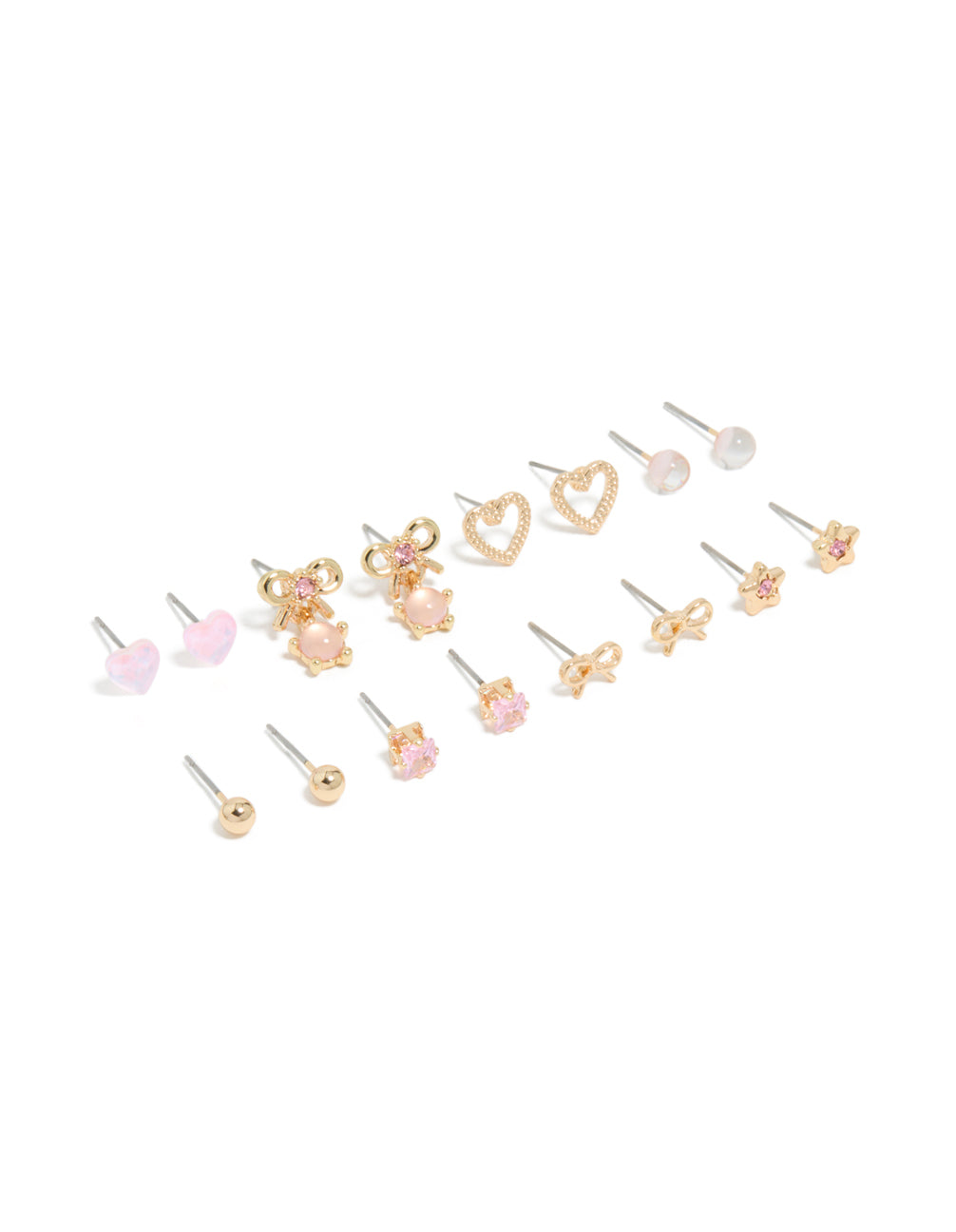 Gold Mixed Heart & Bow Diamante Earrings 8-Pack