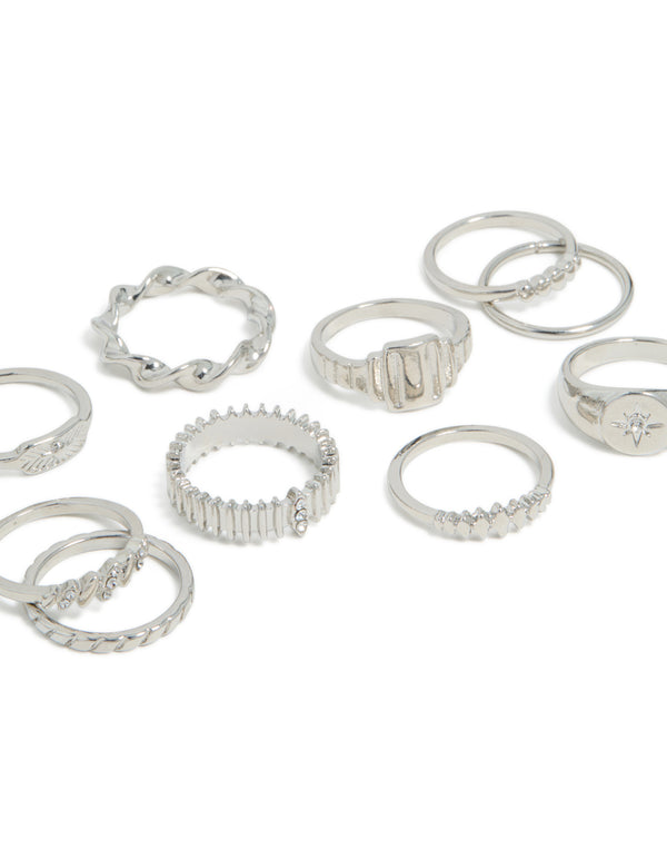 Crafted from silver signet ribbed and twisted rings 10-pack with celestial star details in statement style detail view