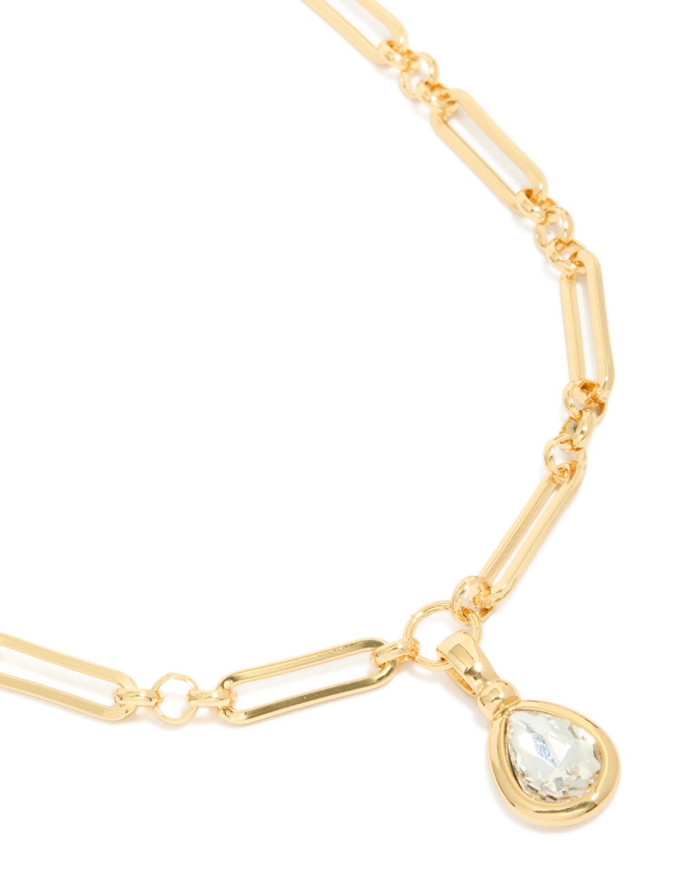 Beautifully crafted gold plated diamante bezel teardrop chain necklace close up view